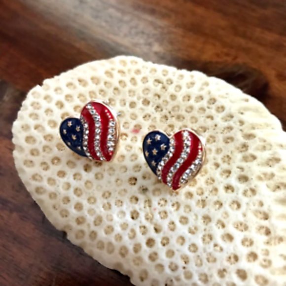 American Flag Earrings Posts Heart Shaped Labor Day July 4th Veterans Memorial - Picture 3 of 10
